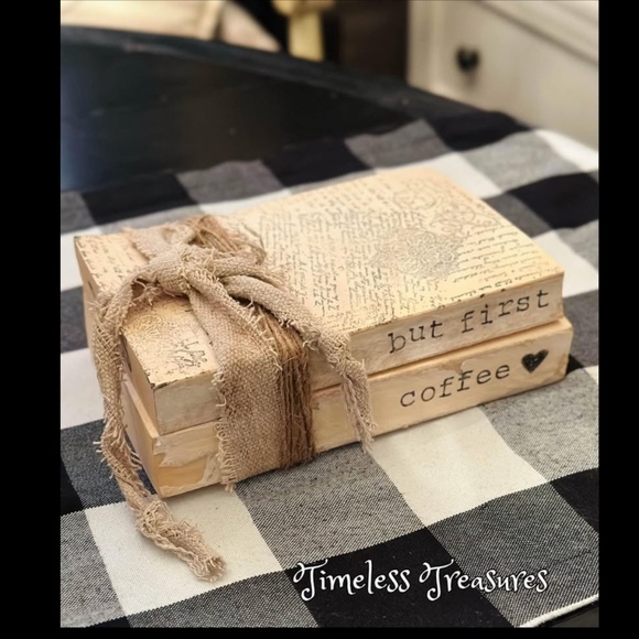 Rustic Primitive Hand Stamped Bookstack Coffee Decor - Picture 1 of 1